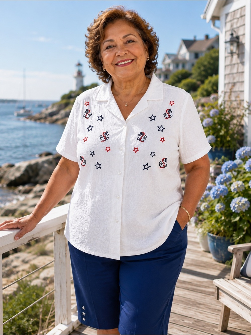 Y2K Coastal Nautical BonWorth Anchor Blouse Alfred Dunner Blue Capri Set 14
